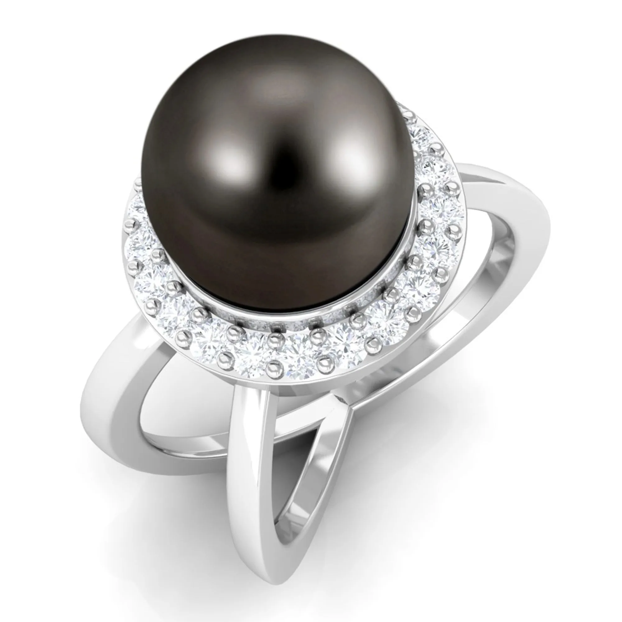 Split Shank Tahitian Pearl Solitaire with Diamond Halo Ring