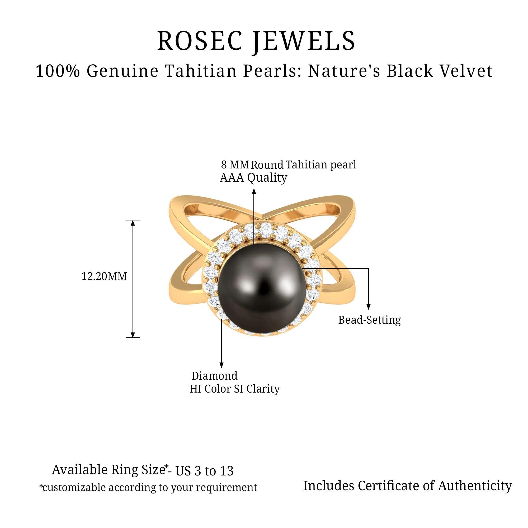 Split Shank Tahitian Pearl Solitaire with Diamond Halo Ring