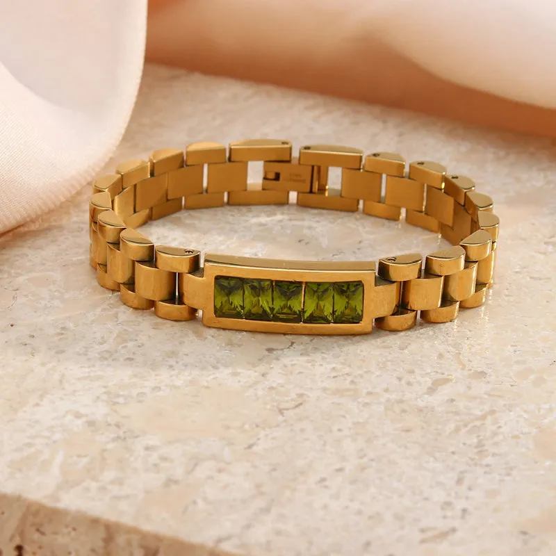 Stainless Steel Link Bracelets with Gem Stone Accents