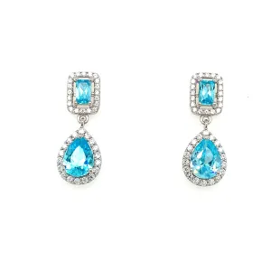 Sterling Silver Blue Topaz And Cz Drop Earrings