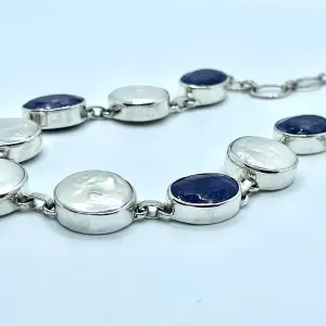Sterling Silver Coin Pearl Lapis Lazuli Station Necklace