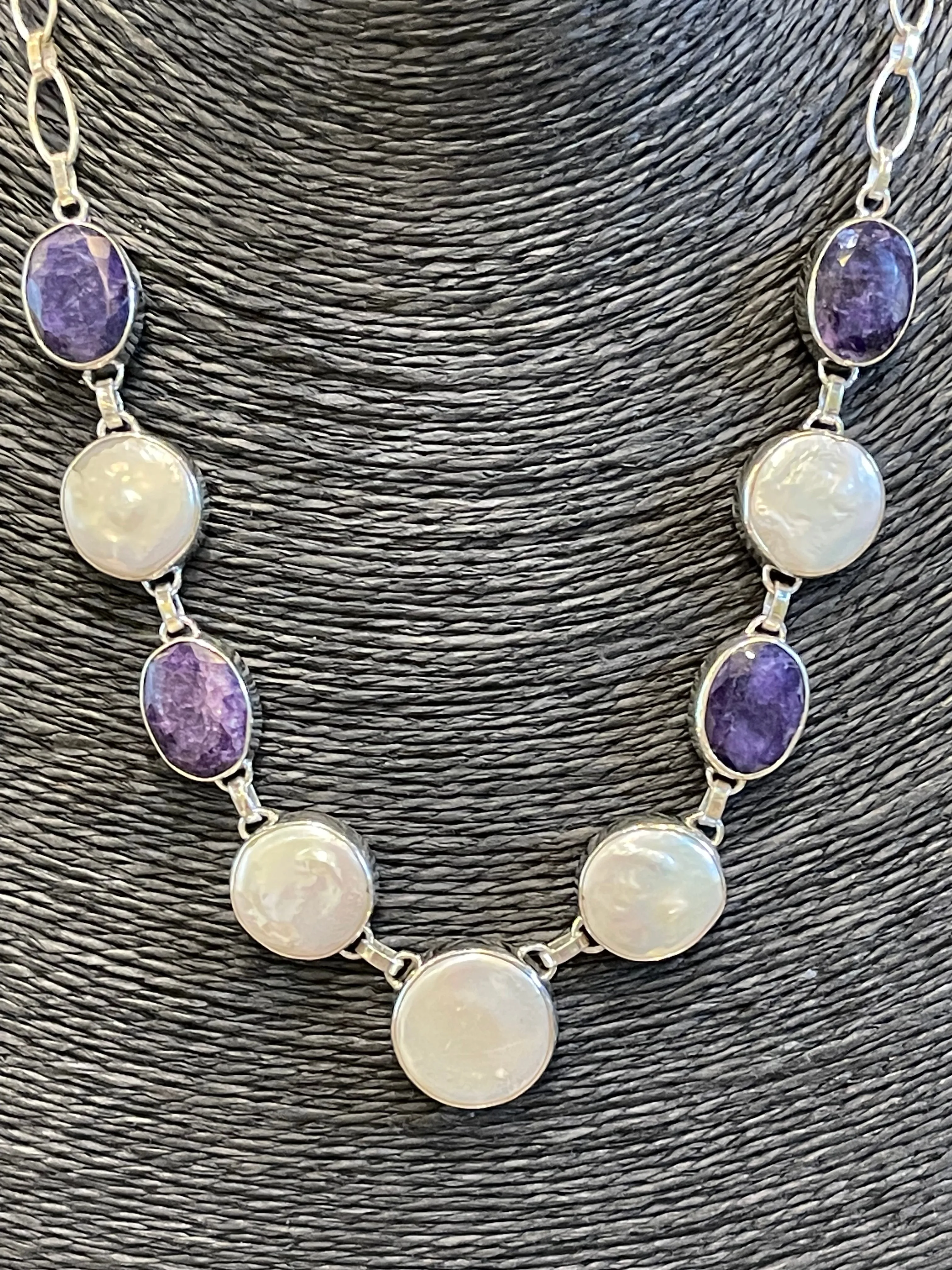 Sterling Silver Coin Pearl Lapis Lazuli Station Necklace