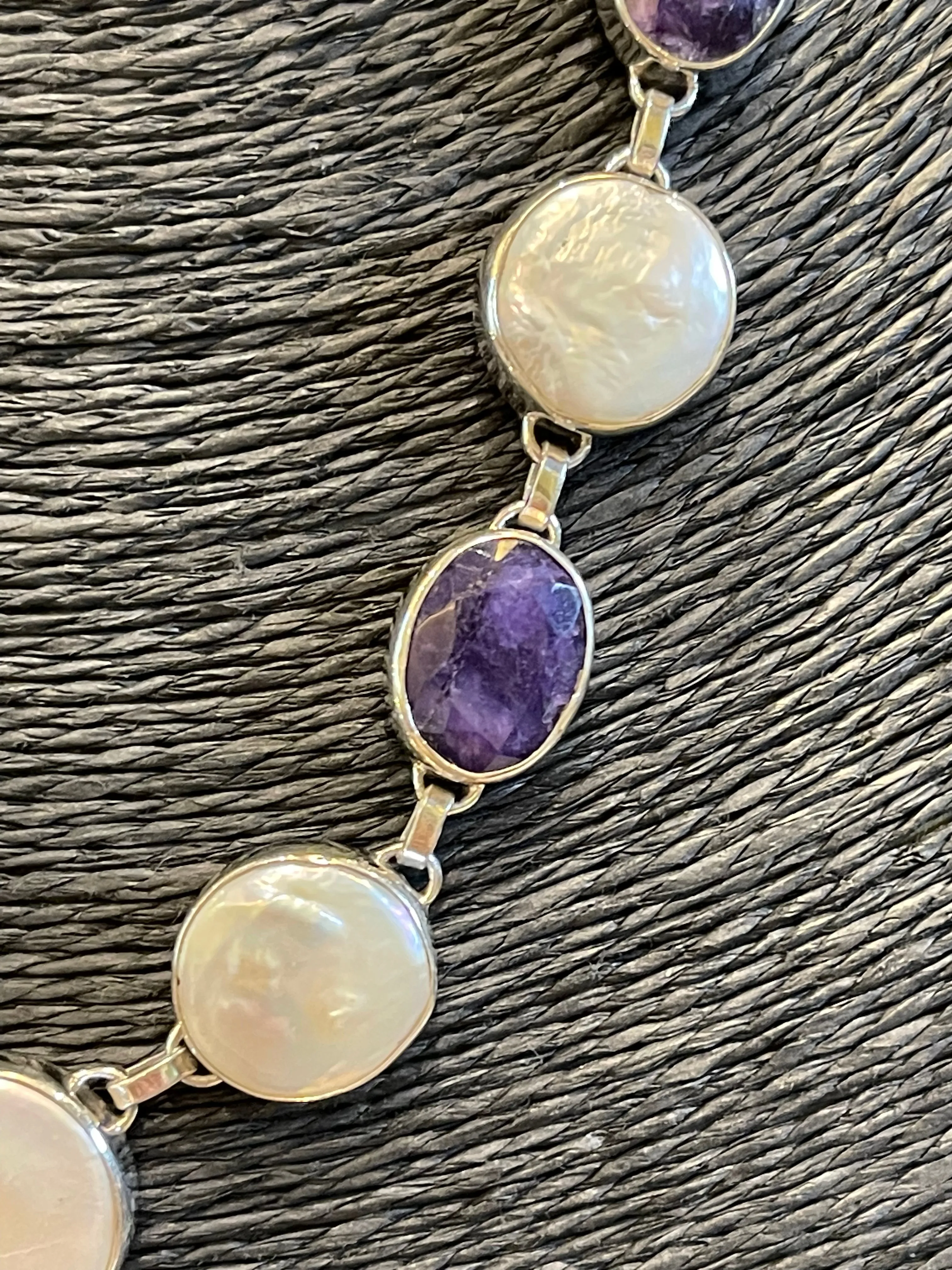 Sterling Silver Coin Pearl Lapis Lazuli Station Necklace