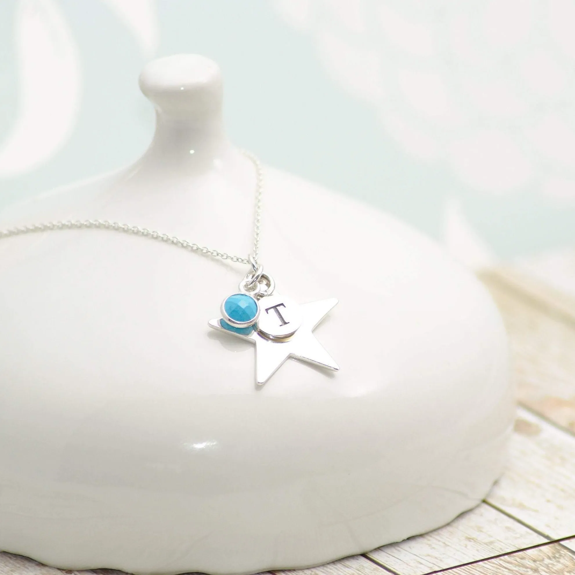 Sterling Silver Initial, Gemstone and Star Pendant Necklace