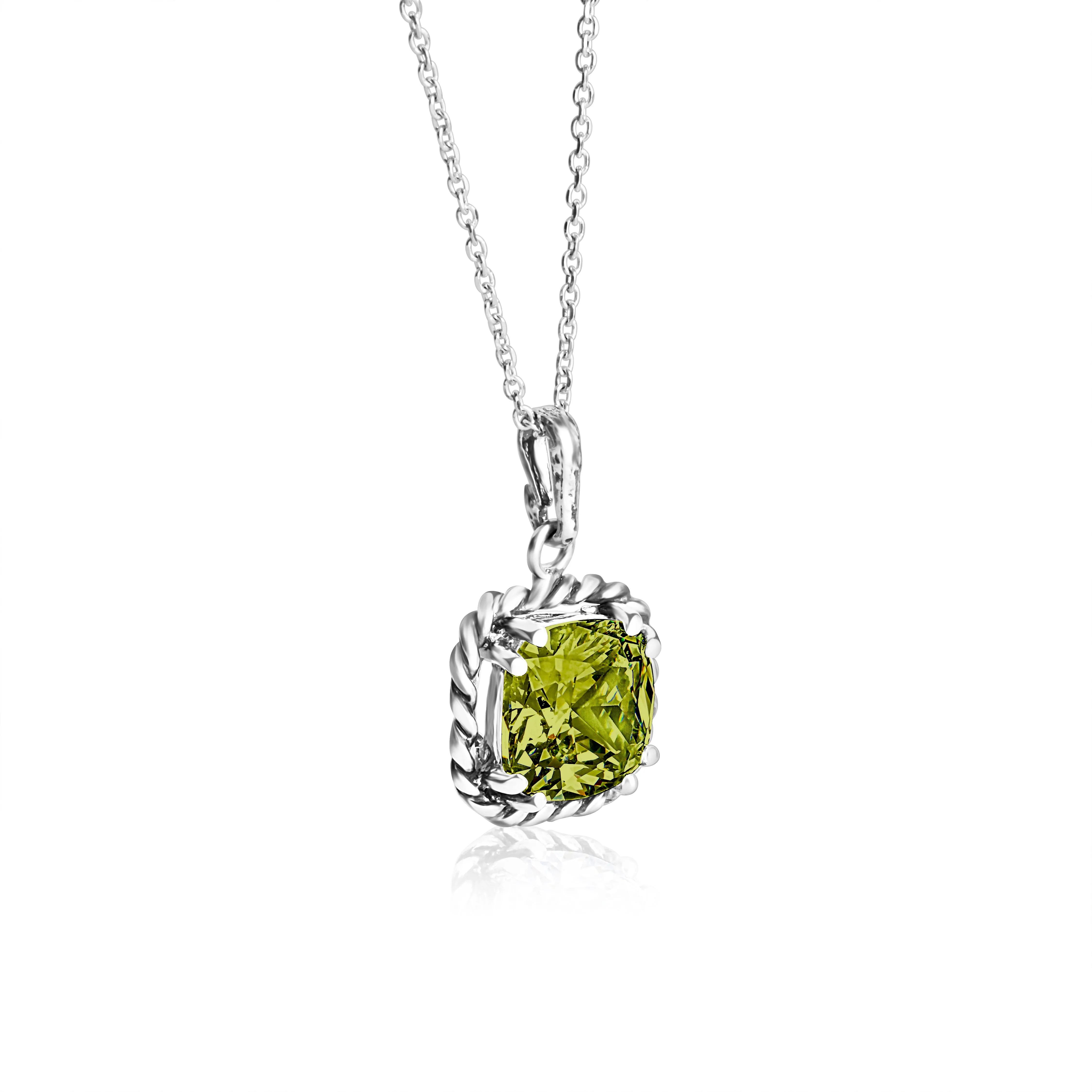 Sterling Silver Peridot CZ Rope Pendant Necklace
