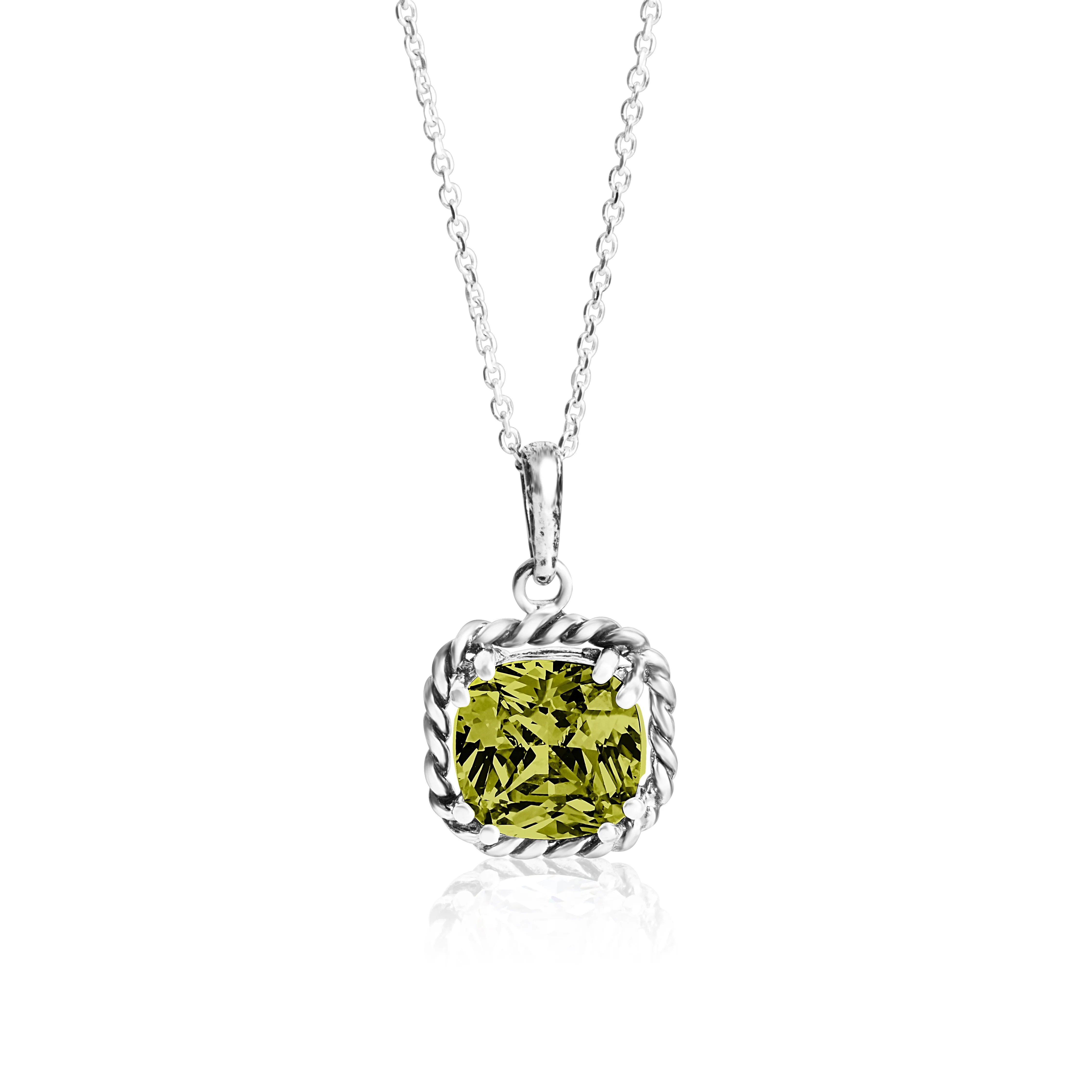 Sterling Silver Peridot CZ Rope Pendant Necklace