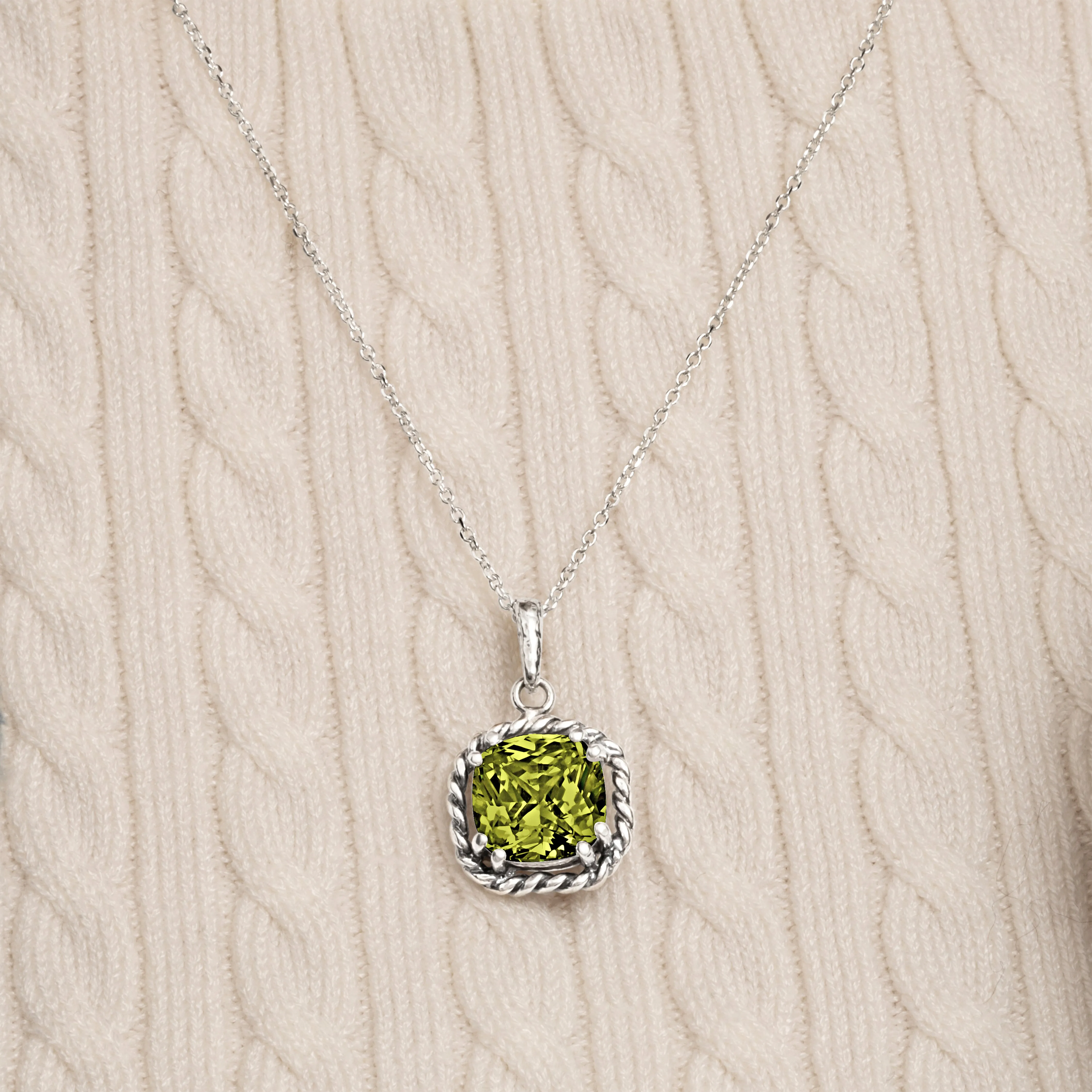 Sterling Silver Peridot CZ Rope Pendant Necklace