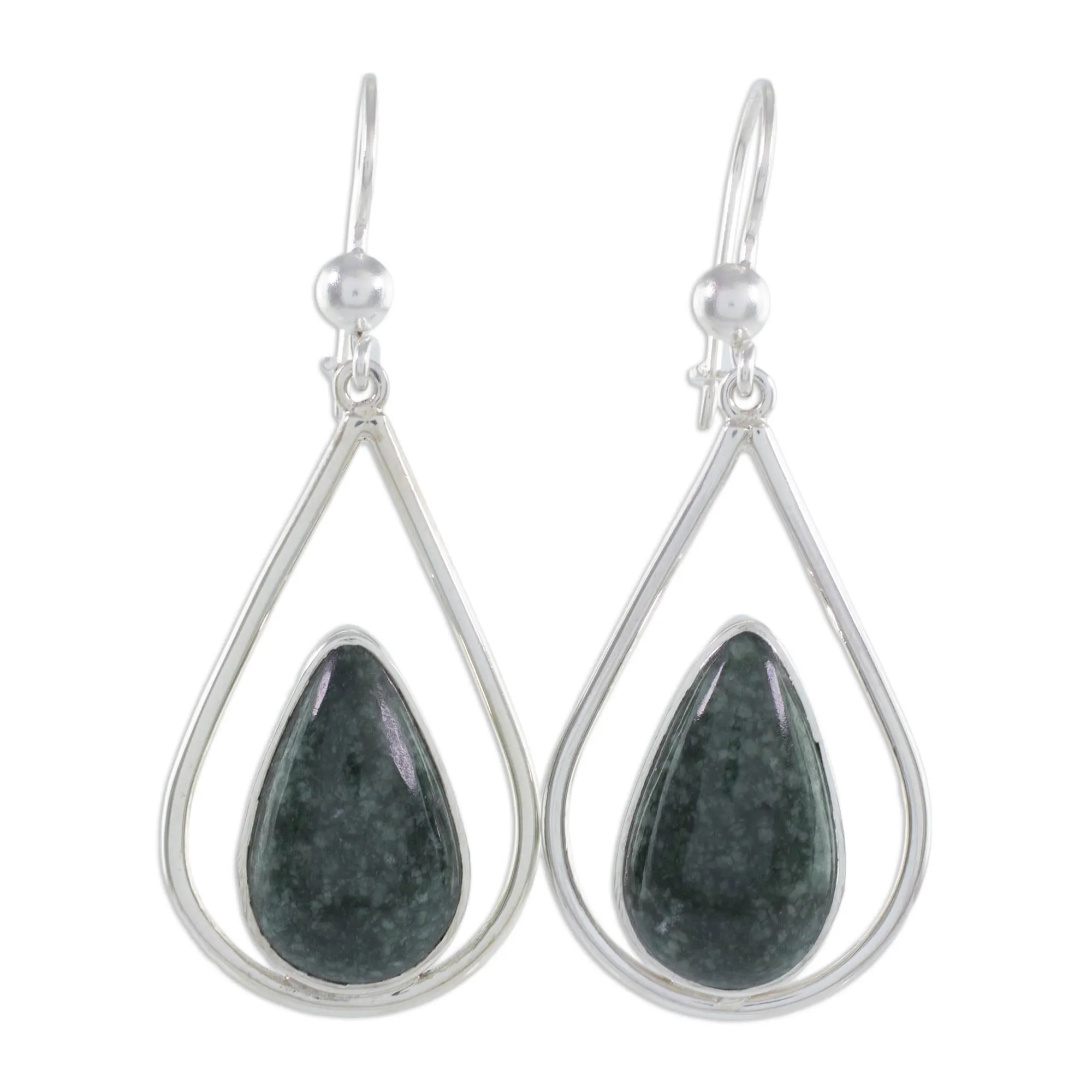 Sterling Silver Teardrop Earrings with Dark Green Jade - Dark Green Droplet of Life | NOVICA