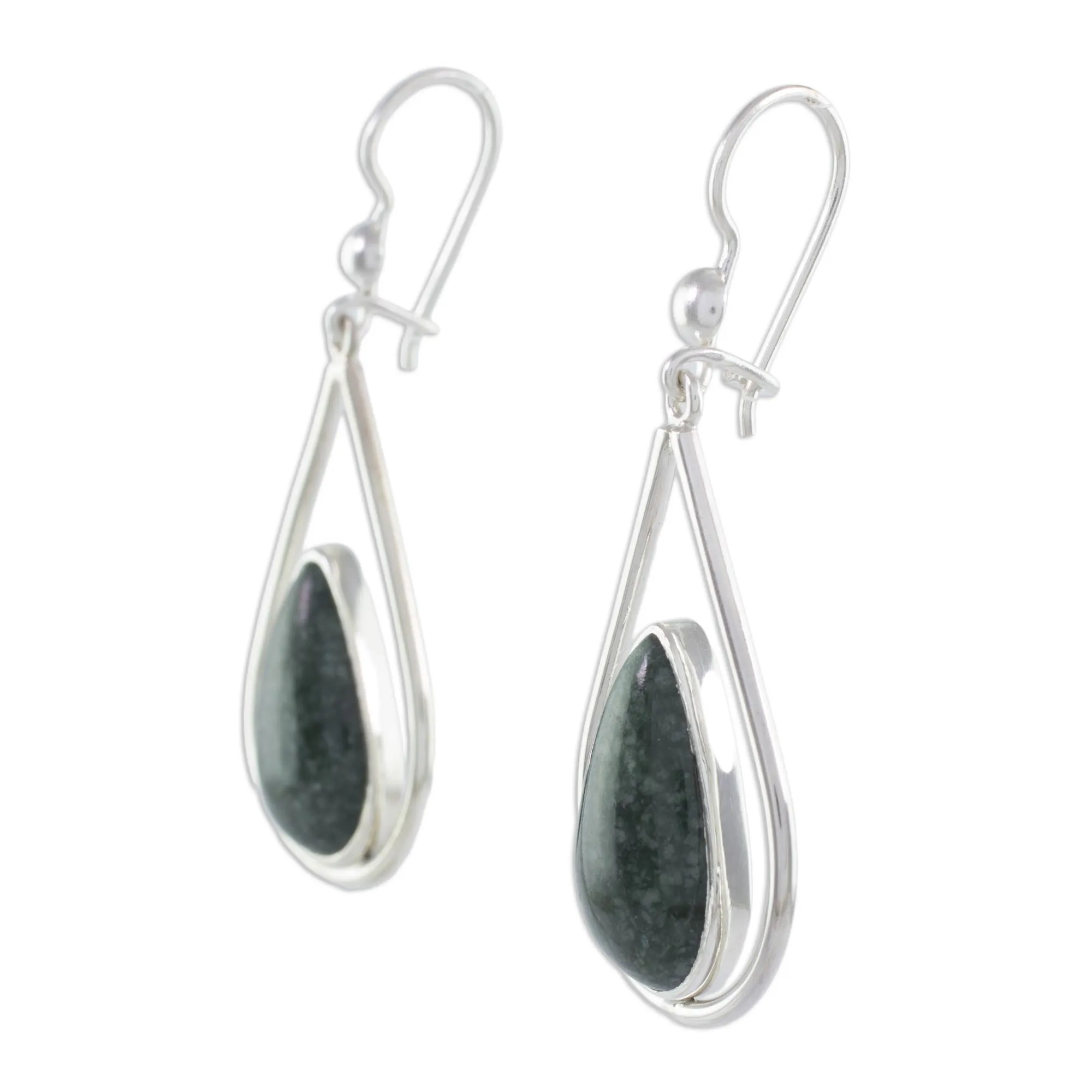 Sterling Silver Teardrop Earrings with Dark Green Jade - Dark Green Droplet of Life | NOVICA