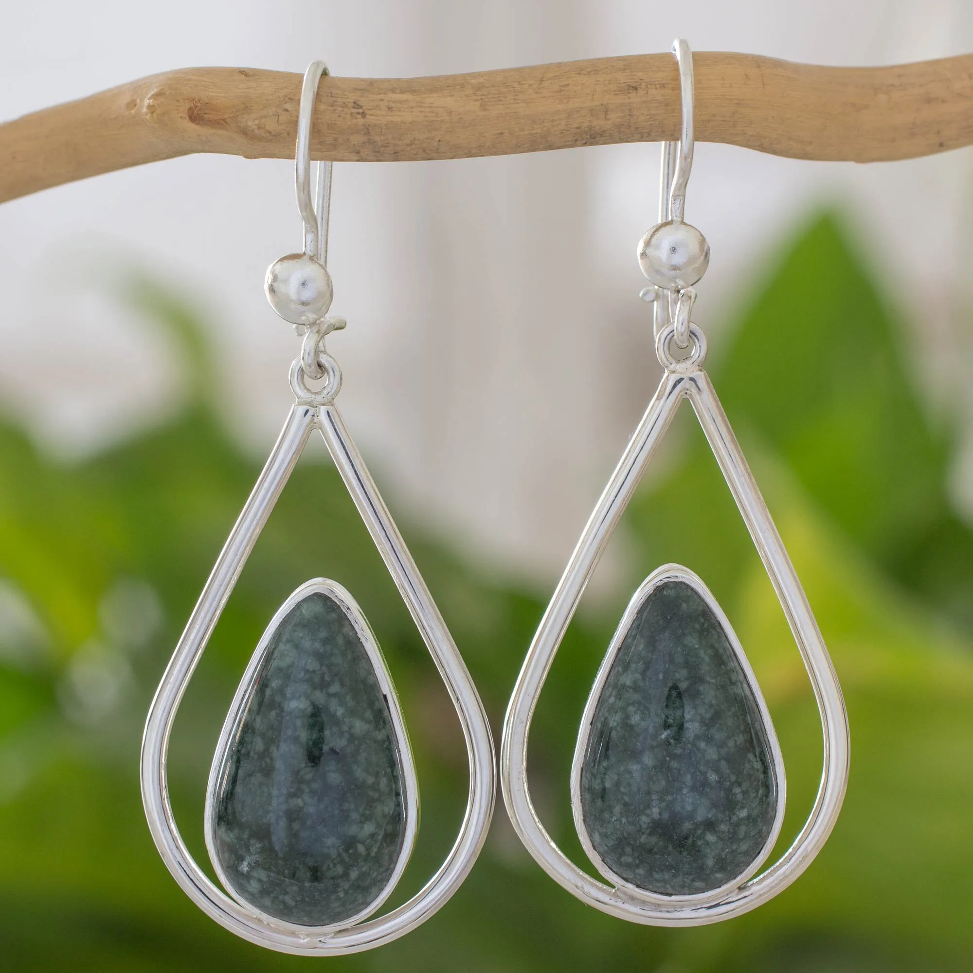 Sterling Silver Teardrop Earrings with Dark Green Jade - Dark Green Droplet of Life | NOVICA