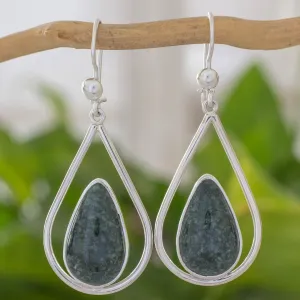 Sterling Silver Teardrop Earrings with Dark Green Jade - Dark Green Droplet of Life | NOVICA