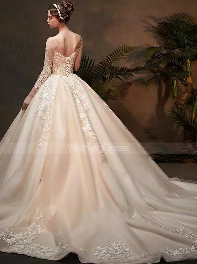 Stunning Wedding Gown with Sleeves,Illusion Bridal Dress,WD00370