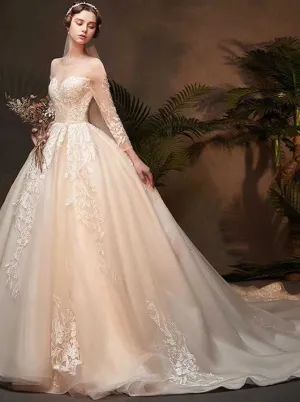 Stunning Wedding Gown with Sleeves,Illusion Bridal Dress,WD00370