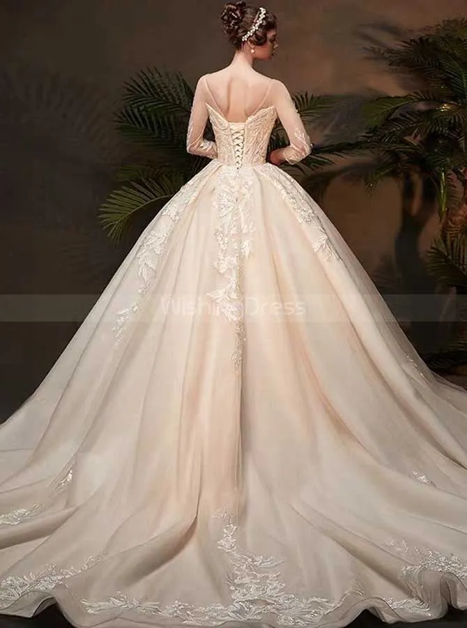 Stunning Wedding Gown with Sleeves,Illusion Bridal Dress,WD00370