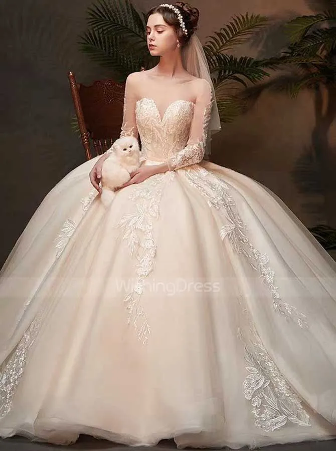 Stunning Wedding Gown with Sleeves,Illusion Bridal Dress,WD00370