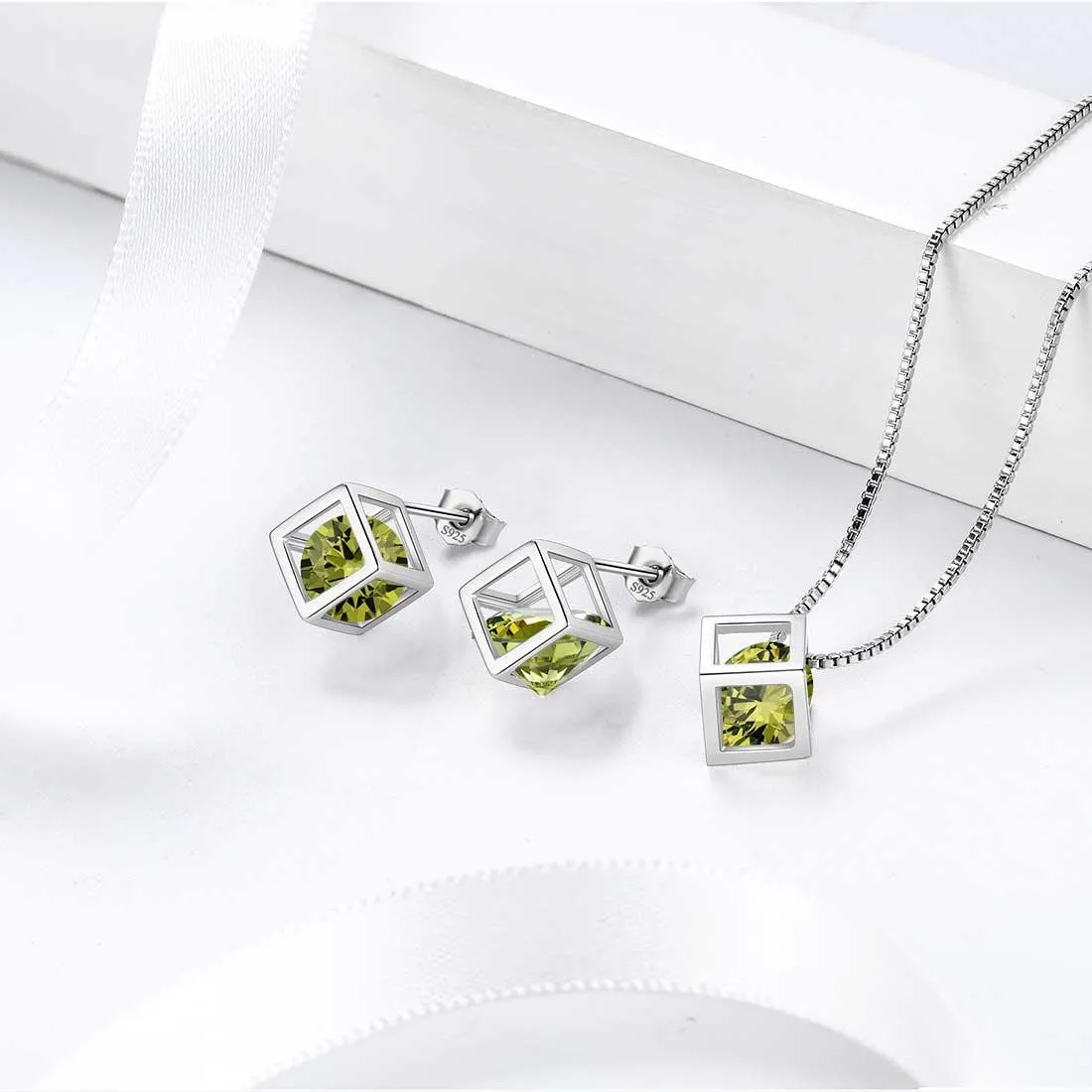 Tokyo Mart 3D Cube Birthstone August Peridot Jewelry Set 3PCS Women Girls Birthday Gift
