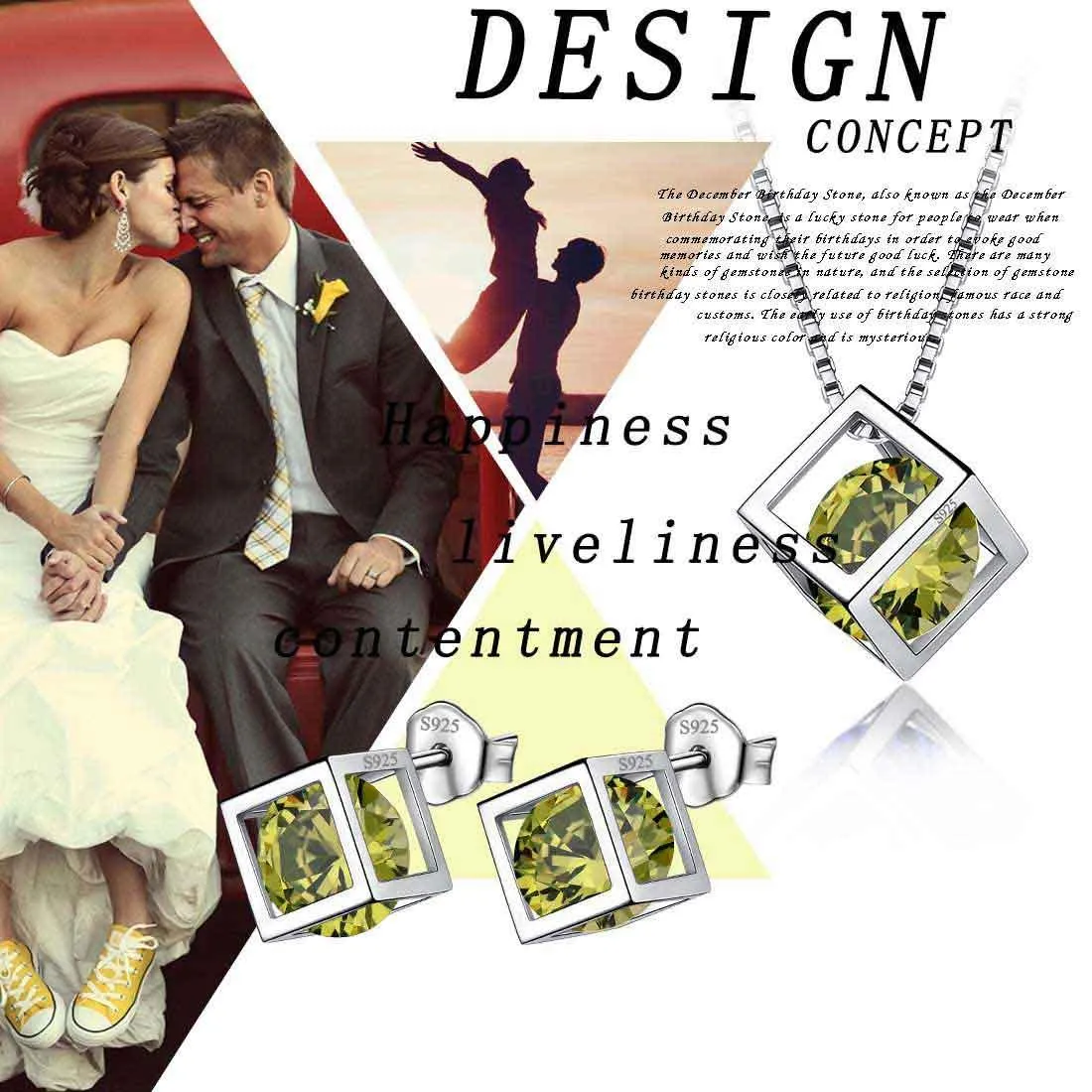 Tokyo Mart 3D Cube Birthstone August Peridot Jewelry Set 3PCS Women Girls Birthday Gift