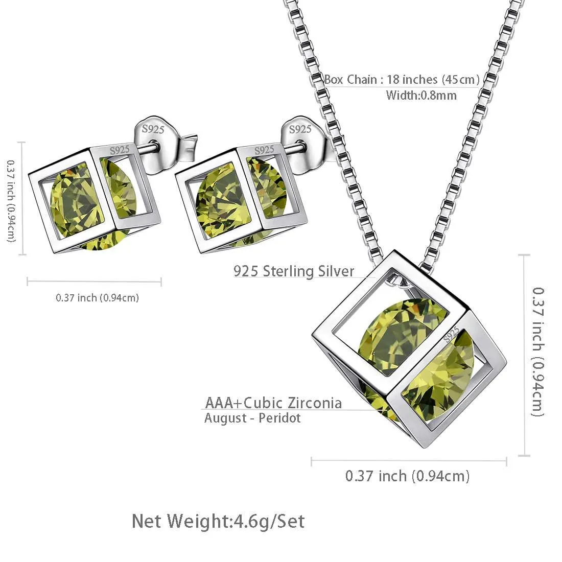 Tokyo Mart 3D Cube Birthstone August Peridot Jewelry Set 3PCS Women Girls Birthday Gift