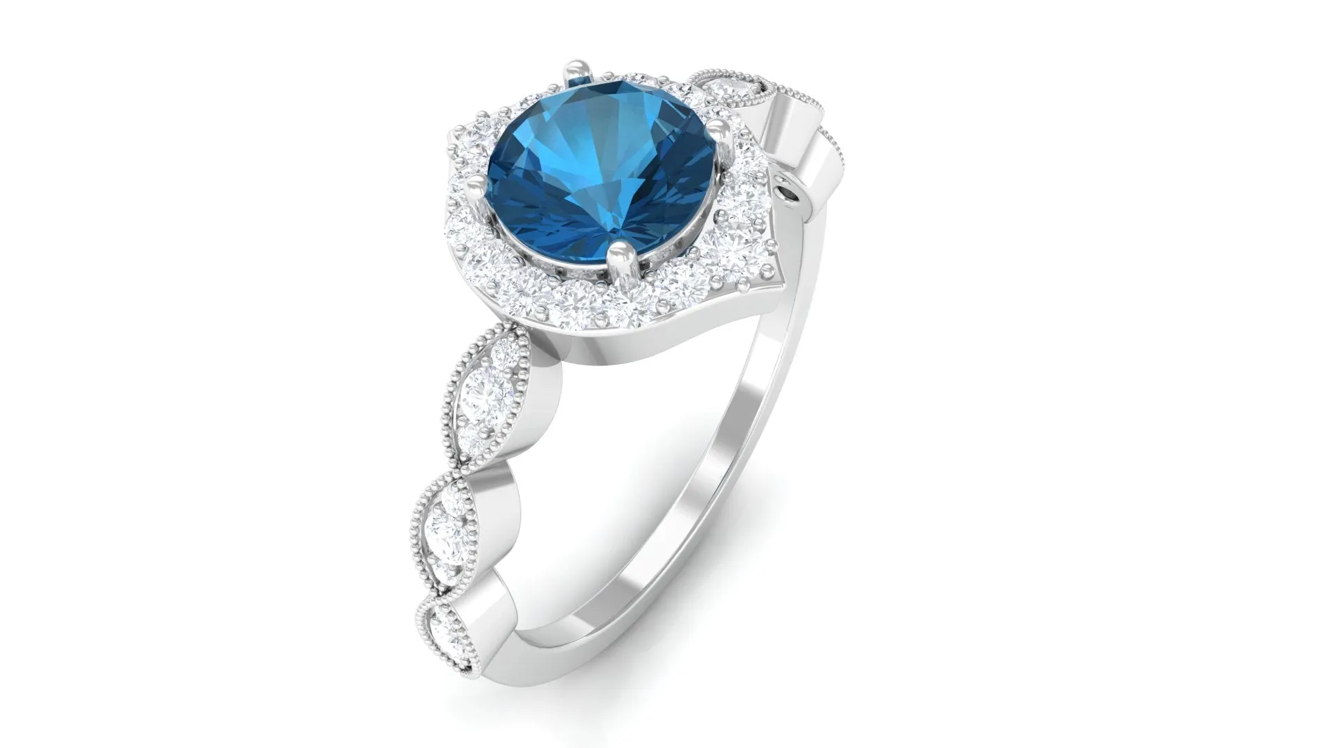 Vintage Style London Blue Topaz Engagement Ring with Diamond