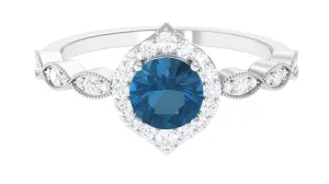 Vintage Style London Blue Topaz Engagement Ring with Diamond