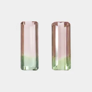 WATERMELON TOURMALINE LOOSE MATCHING PAIR LONG EMERALD CUT BI COLOR DROP DANGLE