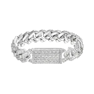 White Gold Emerald Cut Prong Cuban Link Bracelet - 12mm
