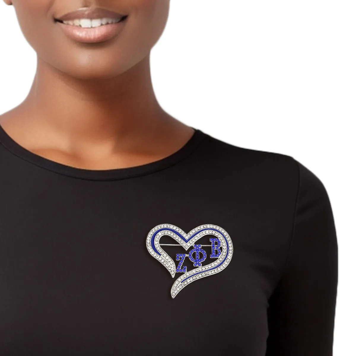 ZPB Zeta Phi Beta Sorority Heart Blue Bling Brooch for Women